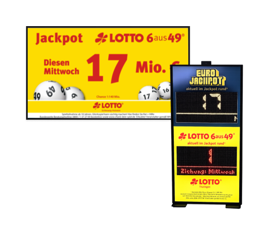 Digital signage displays for lottery jackpots and retail promotions