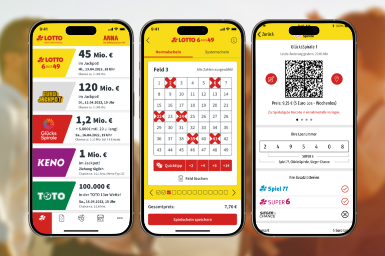 Smartphone-Lotto-Apps von mobivention für die mobile Lottoscheinkonfiguration, Jackpot-Übersicht, digitale Spielscheinauswahl und die Validierung von Lottoscheinen per QR-Code.