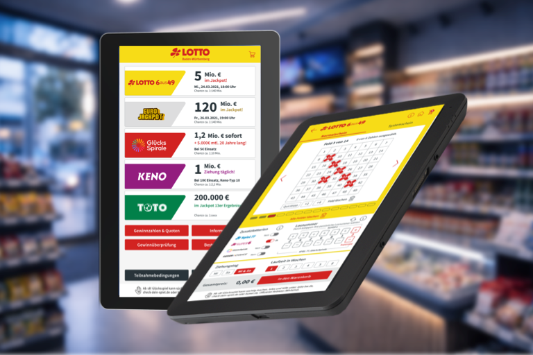 Lotterie-Apps für Tablets und Terminals von mobivention für Lotto-Annahmestellen, digitale Spielscheinauswahl, Jackpot-Übersicht und Selbstbedienungsverkauf von Lotterielosen