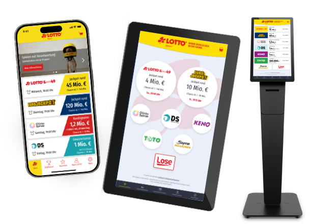 LOTTO Bayern Mobile-App, digitales Serviceterminal und Selbstbedienungsterminal für moderne Lotterie- und Glücksspieldienste im Einzelhandel – interaktive Lotterie-App und Touchscreen-Terminal