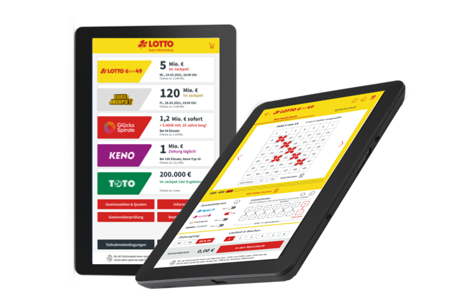 mobivention Retail & Service Apps mit tabletbasierter Übersicht über Lotto-Jackpots und digitaler Auswahl von Wettscheinen für Lotterieverkäufer