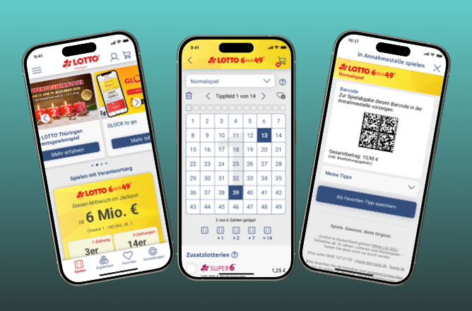LOTTO Thüringen online app displayed on three smartphones, showing digital lottery ticket selection, number picking, and barcode play features