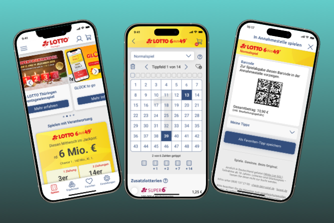 Die LOTTO Thüringen-Online-App mit 3 Screens.