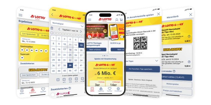 LOTTO Thüringen Online App showing lottery results, 6aus49 number selection, digital ticket with QR code, and online lottery purchase on mobile