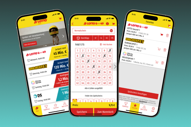 Die LOTTO Bayern Online-App mit drei Screens.