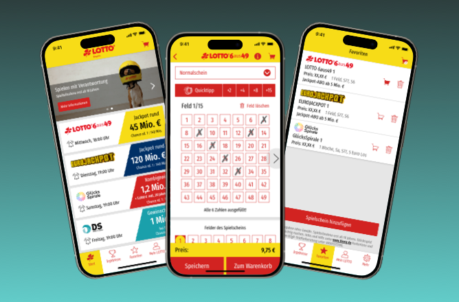 LOTTO 6aus49 online app shown on three smartphones with lottery tickets, jackpots and cart features.