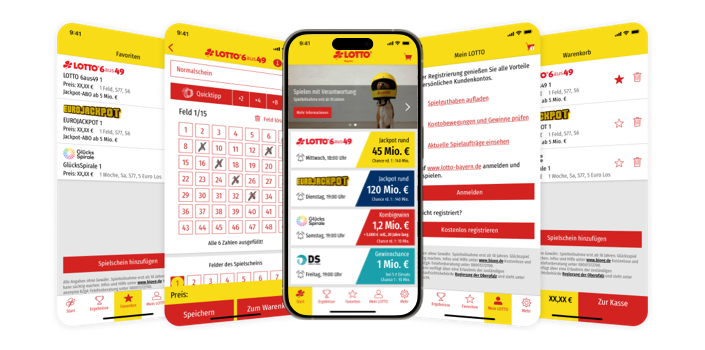 LOTTO Bayern Online App showing 6aus49 number selection, jackpot overview, user account area, favorites, and shopping cart checkout on mobile