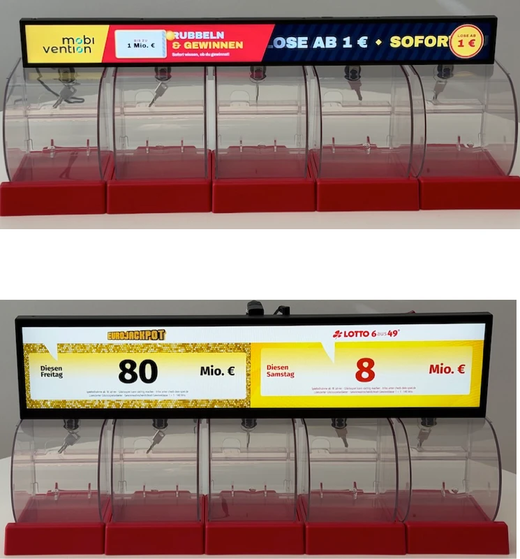 Digital lottery box for scratch cards with changing jackpot and promotional display
